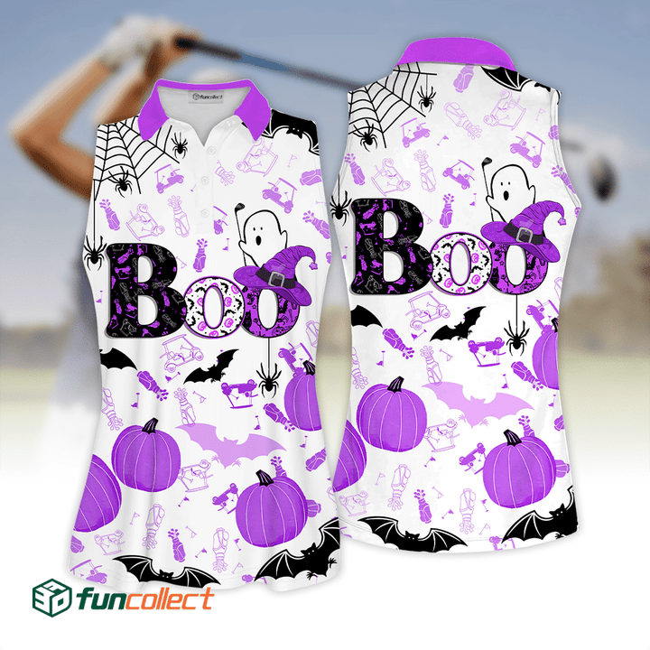 Boo Halloween Golf Pattern Purple Sleeveless Polo Shirt Sleeveless Zipper Polo Shirt Short Sleeve Long Sleeve Polo Shirt