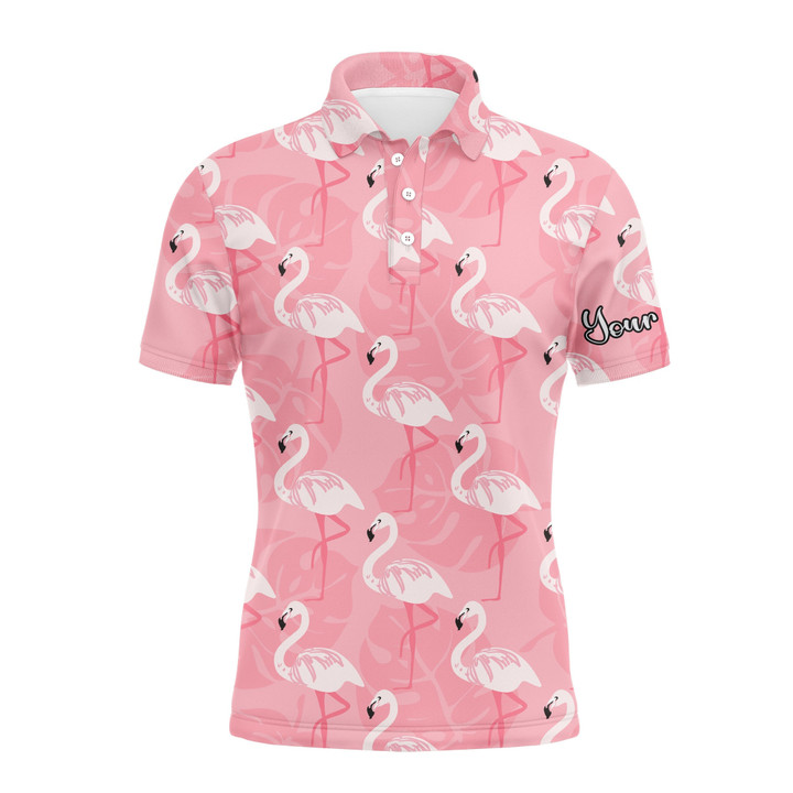 Men Golf Polo Upf Shirts Pink Flamingo Pattern Custom Name Polo Shirts Gift For Men