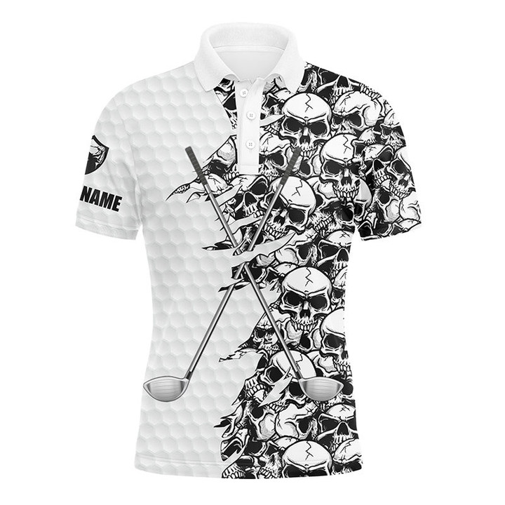 Mens Long Sleeve Golf Tops Polo White Pattern Skull Golf Clubs Custom Name Golf Performance Shirts