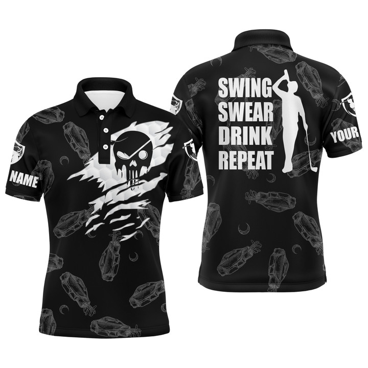 Mens Golf Polo Shirt Swing Swear Drink Repeat Custom Name Black Golf Clubs Pattern Shirt