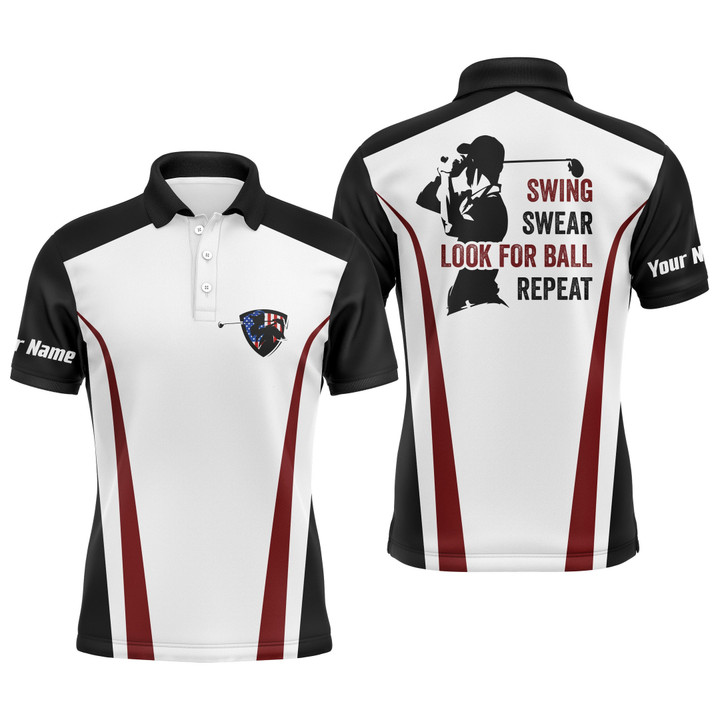 Swing Swear Look For Ball Repeat Custom Name Funny Black White Red Mens Golf Polo Shirt
