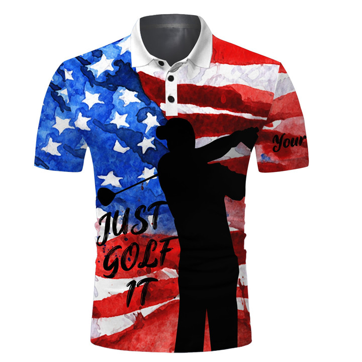 Mens Patriotic Golf Polo Shirt American Flag Just Golf It Custom Name Unique Gifts For Golf Lovers