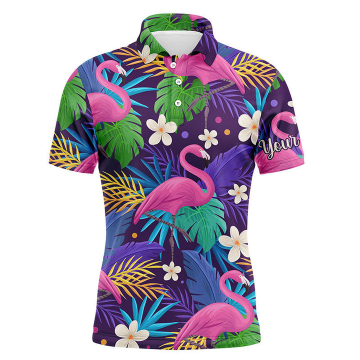 Men Golf Polo Shirts Colorful Floral Flamingo Pattern Tropical Leaves Custom Team Golf Polo Shirts