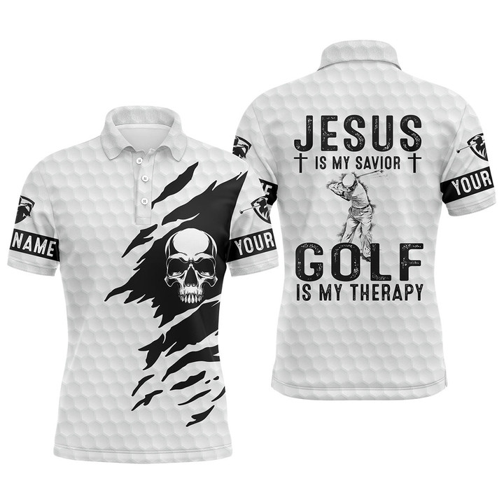Mens Golf Polo Shirt Jesus Is My Savior Golf Is My Therapy Custom Name White Skull Golf Shirt