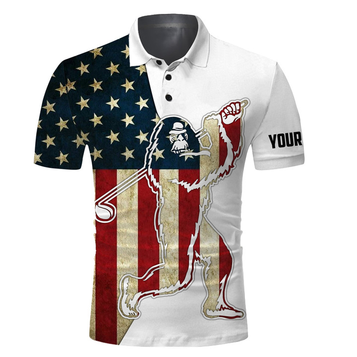 Funny Bigfoot Golf Polo Shirts Patriotic American Flag Custom Name Sasquatch Playing Golf Apparel