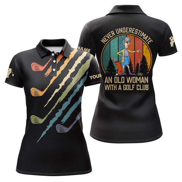 Funny vintage black custom womens Golf polo shirts Never underestimate an old woman with a golf club NQS3935 - 1
