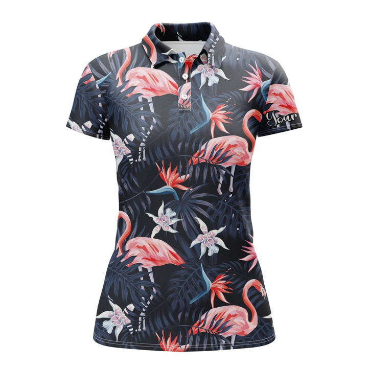 Women golf polo shirt tropical birds pink flamingo dark blue palm leaves custom polo shirts NQS3694 - 1