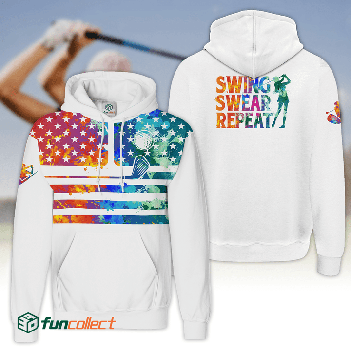 Womens Golf Hoodie Shirt American Flag Swing Swear Repeat Watercolor Women Golf Shirt