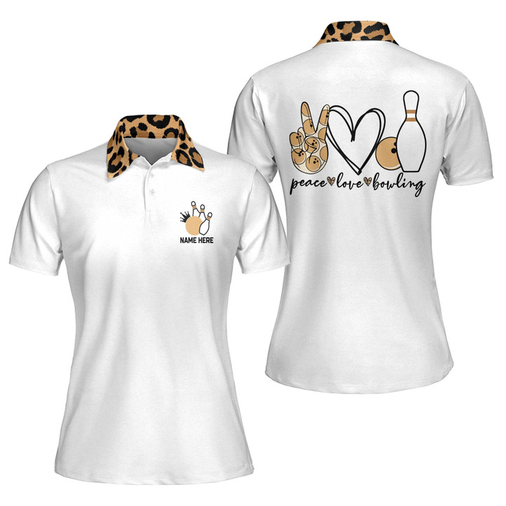Personalized Leopard Peace Love Bowling Shirts for Women Custom Quick-Dry Bowling Shirts Short Sleeve Polo for Girls Funny Bowling Team Shirts for Women BW-074 - 1