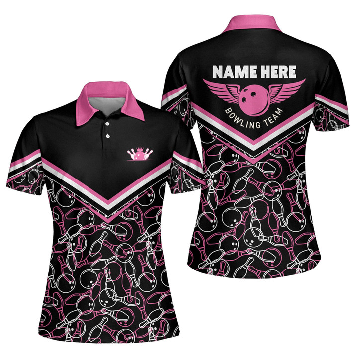 Personalized Pink Bowling Queen Pin Pattern Jerseys Shirts for Women Custom Quick-Dry Bowling Shirts Short Sleeve Polo for Women Funny Bowling Team Shirts for Women BW-040 - 1