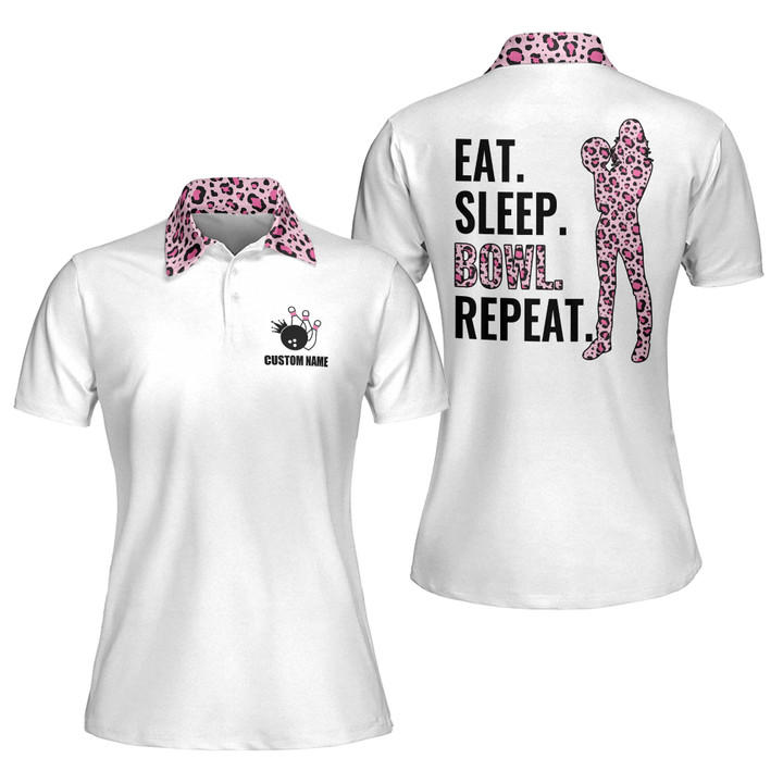 Personalized Funny Eat Sleep Bowl Repeat Pink Leopard Bowling Shirts for Women Custom Pink Bowling Shirts Short Sleeve Polo for Women Funny Bowling Team Shirts for Women BW-061 - 1