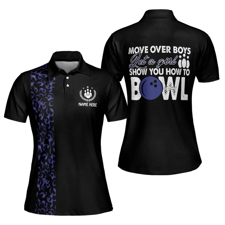 Personalized 3D Purple Flame Bowling Short Sleeve Polo Shirts for Women Funny Move Over Boys Let A Girl Show You How to Bowl Retro Bowling Shirts for Women Fire Bowling Team Shirts Women BW-066 - 1