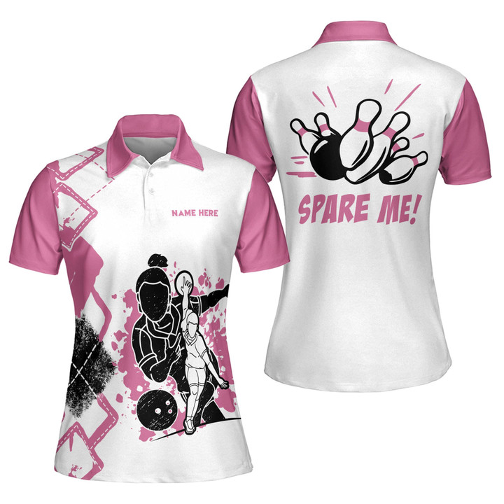 Personalized 3D Bowling Jerseys Shirts for Women Custom Quick-Dry Bowling Shirts Short Sleeve Polo for Girls Funny Spare Me Pink Bowling Shirts for Women BW-056 - 1