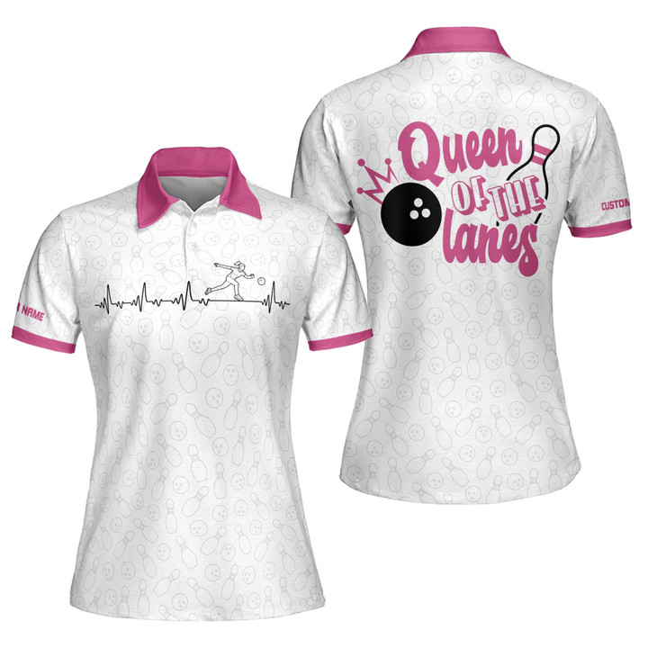Personalized Funny Queen of The Lanes Pink Bowling Shirts for Women Custom Quick-Dry Bowling Shirts Short Sleeve Polo for Women Funny Bowling Team Jerseys Shirt for Women BW-065 - 1