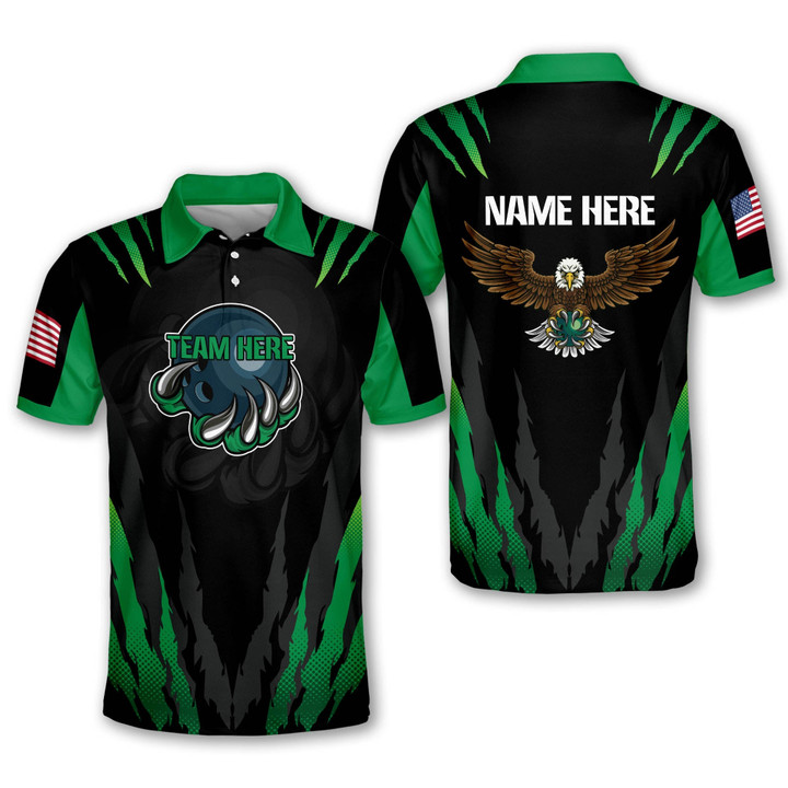 Custom Bowling Shirts with Name Eagles Mens Bowling Shirts Green Bowling Shirt Bowling Polo Shirts for Men Team Short Sleeve BOWLING-129 - 1
