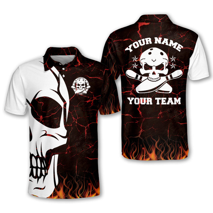 Crazy Skull Bowling Shirts for Men Team Custom Bowling Shirts with Name Flame Fire Bowling Shirts Mens Bowling Polo Shirts Short Sleeve BOWLING-131 - 1