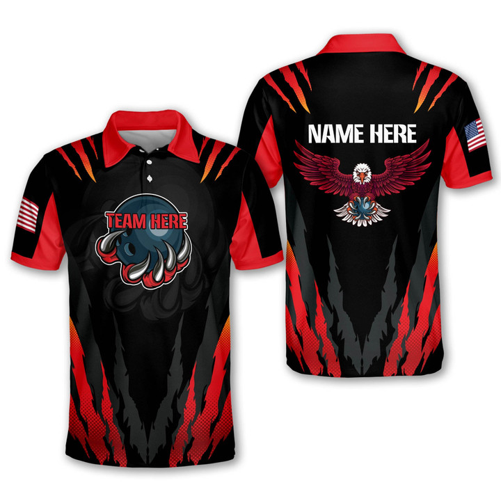 Custom Bowling Shirts with Name Eagles Red and Black Mens Bowling Shirts Bowling Polo Shirts for Men Team Short Sleeve BOWLING-129 - 1