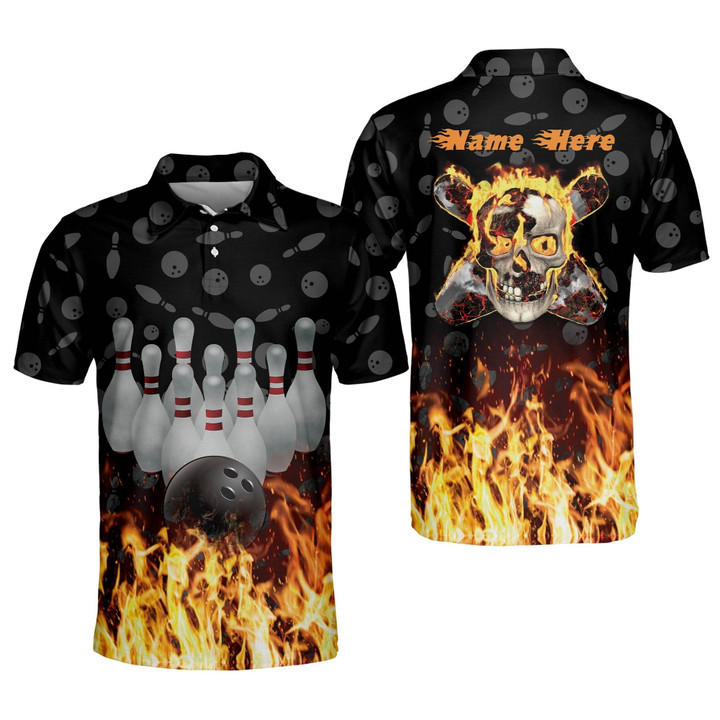 Custom Flame Bowling Shirt for Men Bowling Polo Shirts Short Sleeve Skull Fire Bowling Shirt Team Bowling Polo Shirts BOWLING-029 - 1