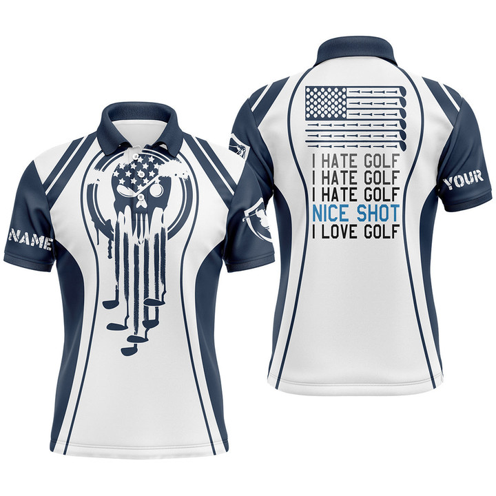 Men Golf Polo Shirts Blue Golf Skull I Hate Golf Nice Shot I Love Golf Custom White Golf Polo Shirts