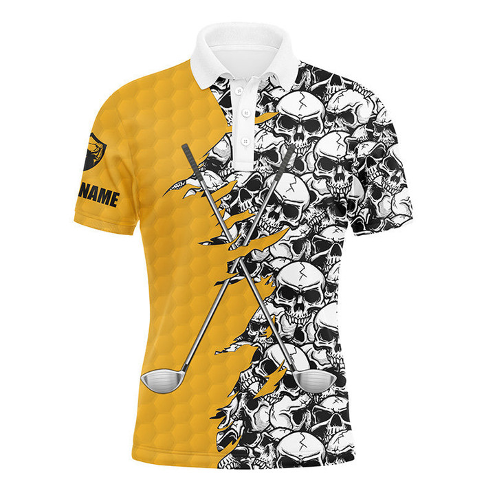 Mens Long Sleeve Golf Tops Polo Yellow Pattern Skull Golf Clubs Custom Name Golf Performance Shirts