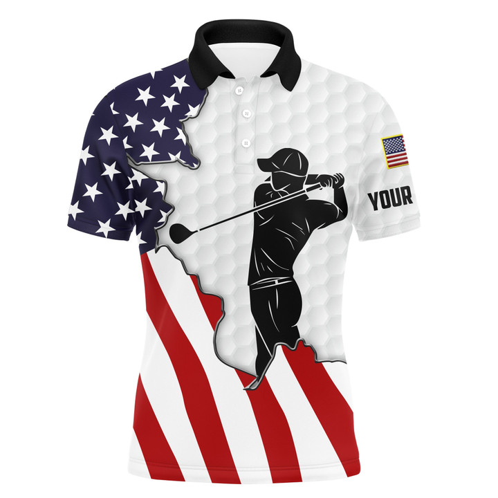 American Flag Patriotic Mens White Golf Polo Custom Name Golf Shirts Best Mens Golf Wear
