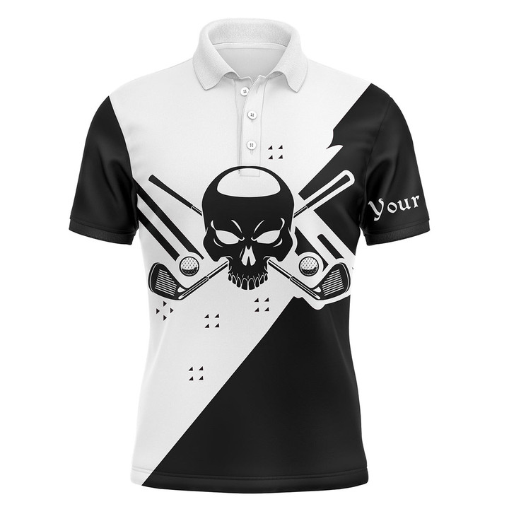 Black White Long Sleeve Skull Golf Polo Shirts For Men Custom Golf Upf Shirts