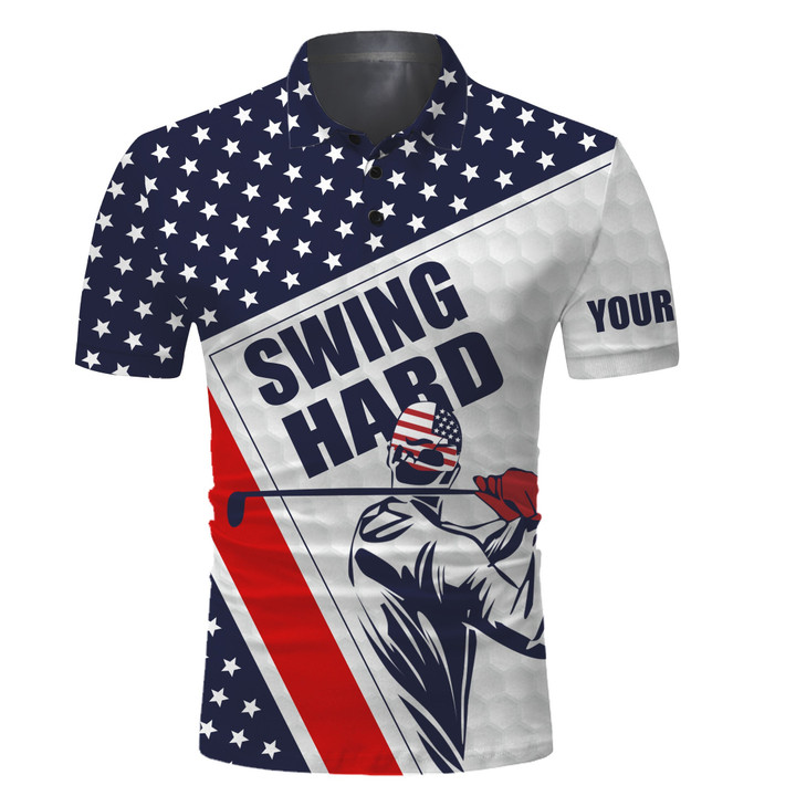 Mens Golf Polo Shirt Swing Hard American Flag Custom Name Golf Performance Shirts