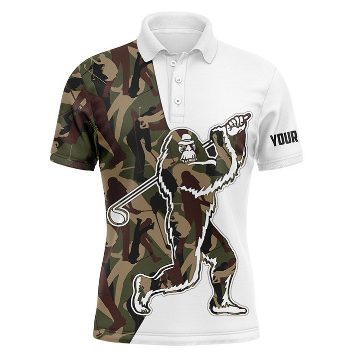 Funny Bigfoot Golf Polo Shirts Golf Camo Pattern Custom Name Sasquatch Playing Golf Apparel