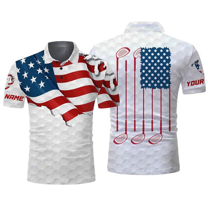 Golf Club White Polo Shirt Mens Custom Name American Flag Patriotic All Over Print Polo Shirt Personalized Sport Gift