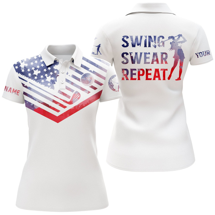 Womens golf polo shirt watercolor American flag custom name swing swear repeat white golf shirt NQS3472 - 1
