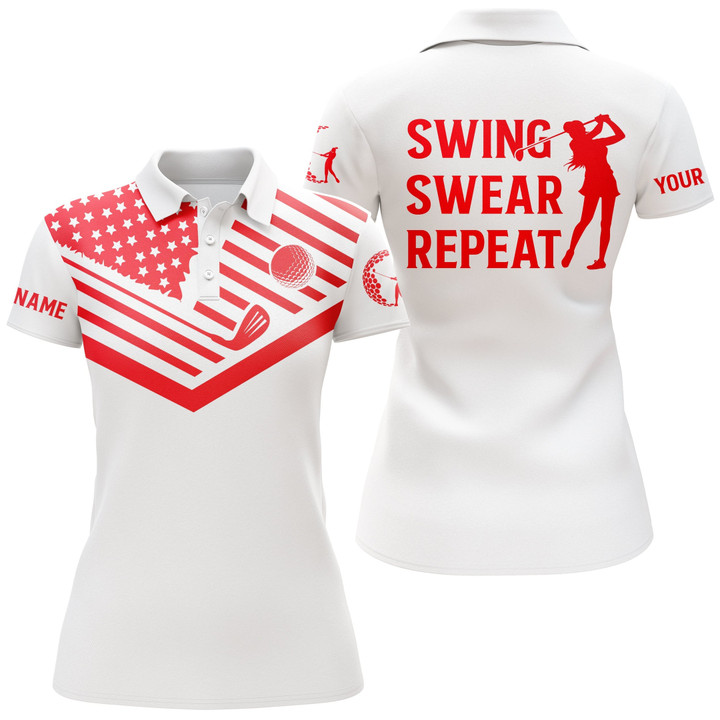 Womens golf polo shirt red American flag custom name swing swear repeat white golf shirt NQS3634 - 1
