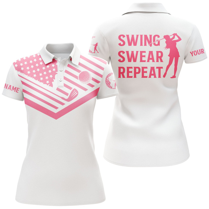 Womens golf polo shirt pink American flag custom name swing swear repeat white golf shirt NQS3547 - 1