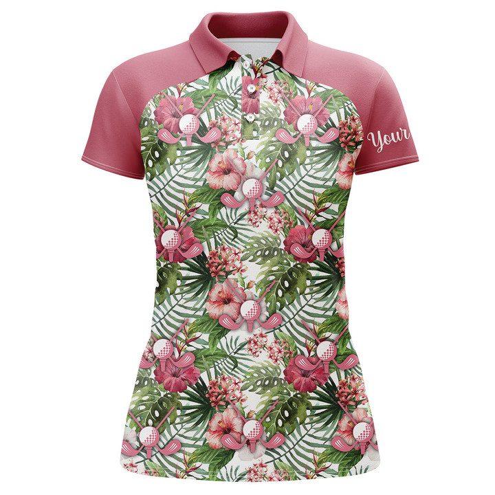 Women golf polo shirt pink tropical flower leaves custom name pink golf polo shirts golfing gift NQS3760 - 1