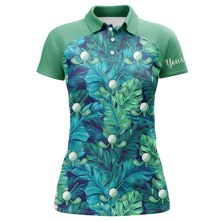Women golf polo shirt green tropical leaves custom name green golf polo shirts golfing gift NQS3761 - 1