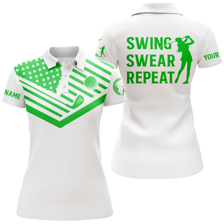 Womens golf polo shirt green American flag custom name swing swear repeat white golf shirt NQS3548 - 1