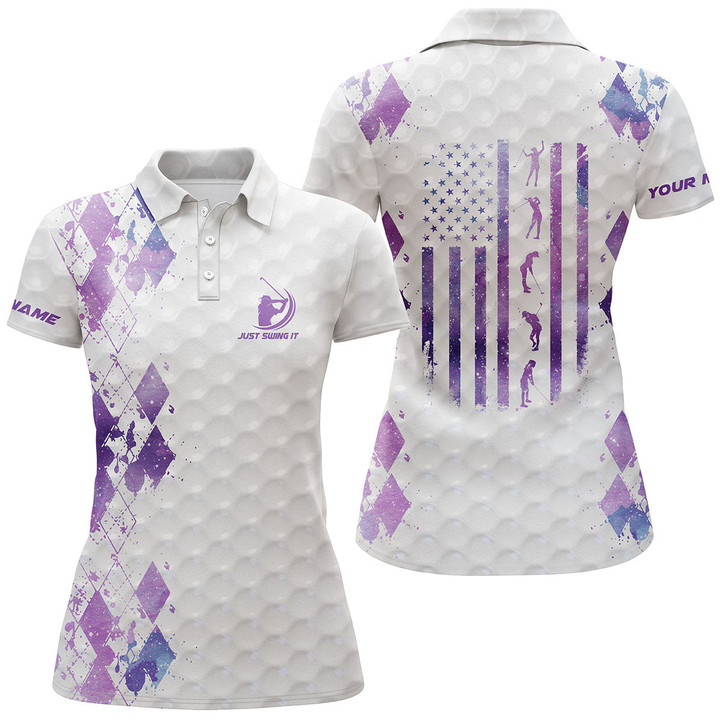 Women golf polo shirt Just swing it American flag patriotic custom name purple galaxy women golf shirt NQS3674 - 1