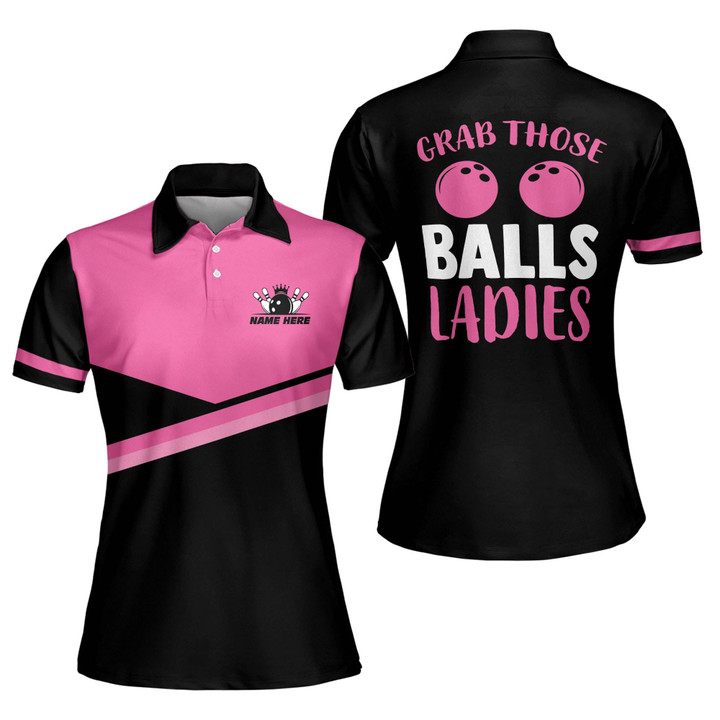 Custom Pink Retro Bowling Shirts Short Sleeve Polo for Women Funny Grab Those Balls Ladies Bowling Jerseys Shirts for Women Vintage Bowling Shirts for Women BW-048 - 1