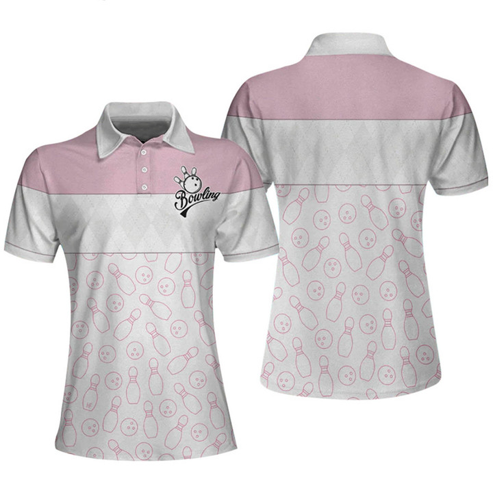 Pink Bowling Balls And Pins Pattern Short Sleeve Women Polo Shirt BW-017 - 1