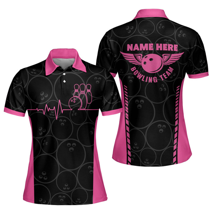 Personalized 3D Retro Bowling Team Shirts for Women Custom Quick-Dry Bowling Shirts Short Sleeve Polo for Girls Funny Heartbeat Pulse Line Pink Bowling Shirts for Women BW-057 - 1
