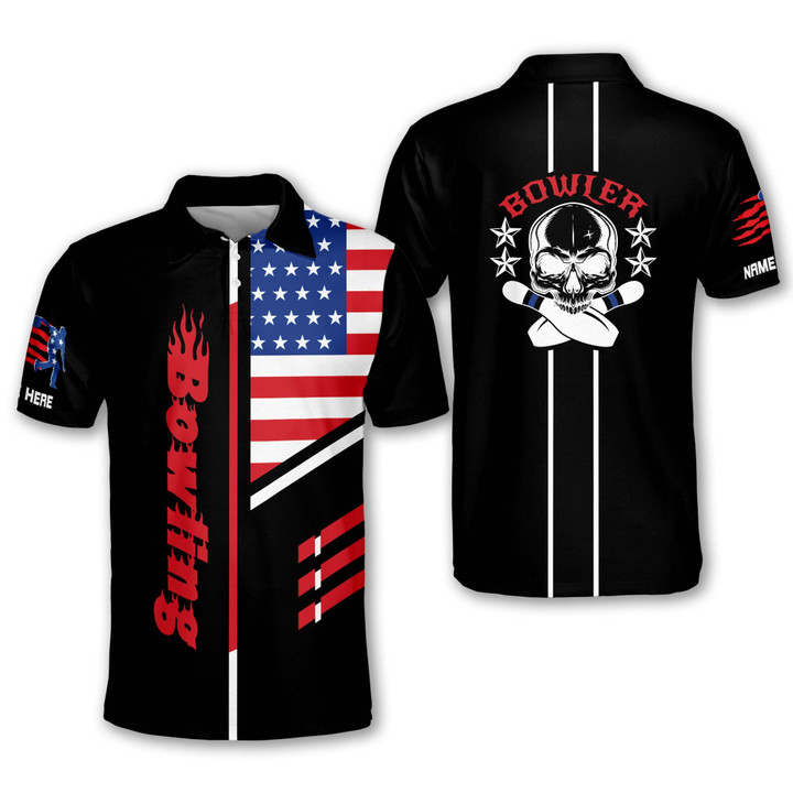 Custom Skull Bowling Shirts for Men Retro Mens Bowling Polo Shirts Short Sleeve Custom Bowling Shirts with Name BOWLING-139 - 1