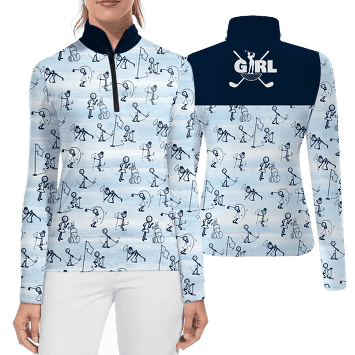 Womens Stick figures Print Long Sleeve Golf Polo Casual Shirt
