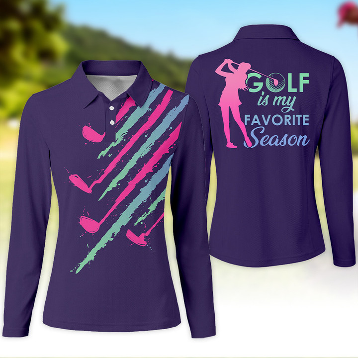 Polo Shirt Golf Gradiend Pink And Green Is My Favorite Season V5 Golf Zipper Shirt Long Sleeve Polo Shirt For Womens