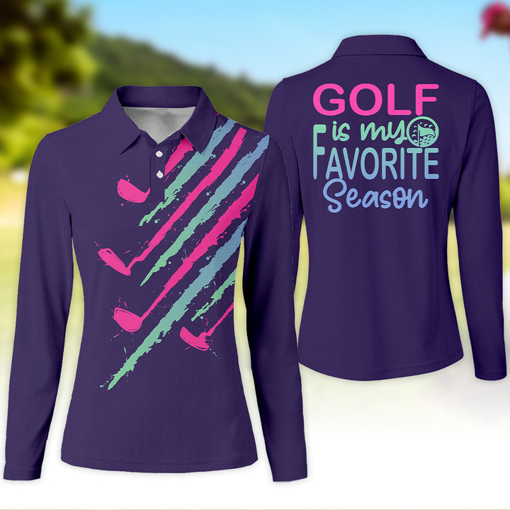 Polo Shirt Golf Gradiend Pink And Green Is My Favorite Season V4 Golf Zipper Shirt Long Sleeve Polo Shirt For Womens