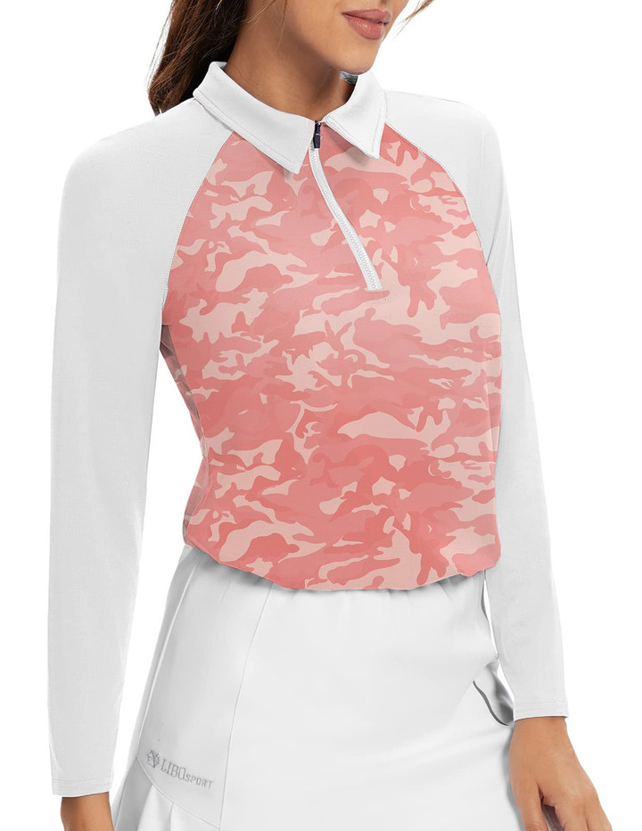 Women Golf Shirt Moisture Wicking Long Sleeve Shirt Half Zipper Long Sleeve Printed pink