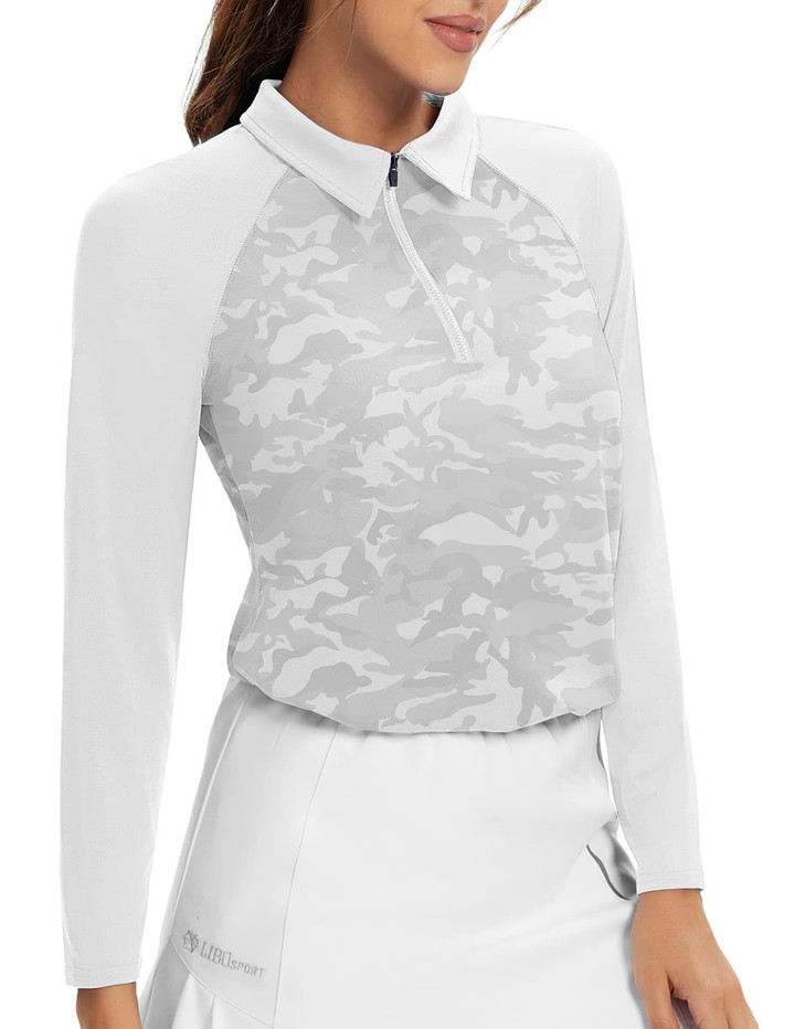 Women Golf Shirt Moisture Wicking Long Sleeve Shirt Half Zipper Long Sleeve Printed grey