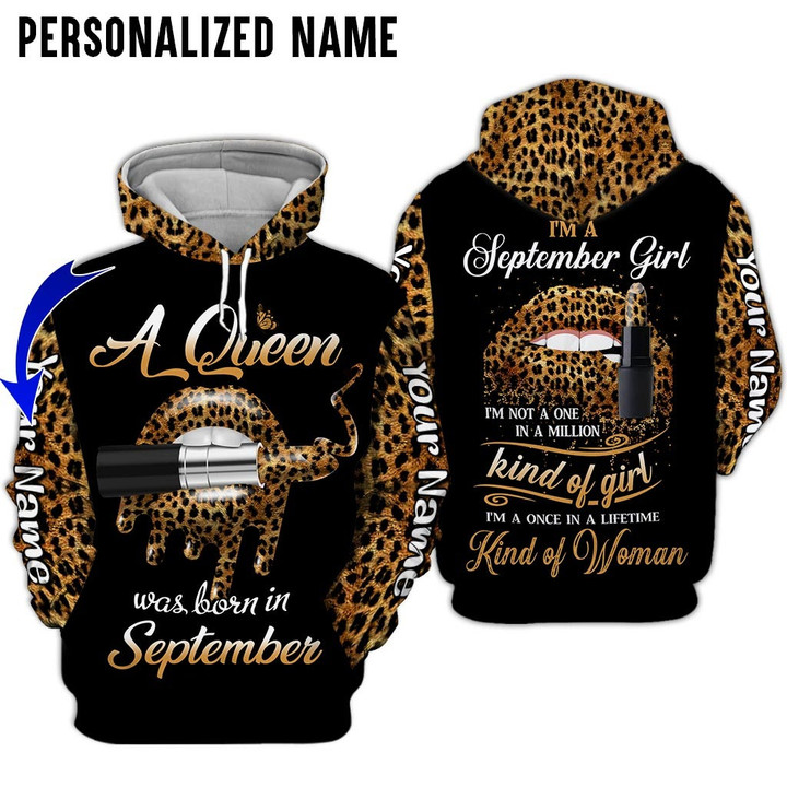 Personalized Name Birthday Outfit September Girl Leopard Skin Lipstick  All Over Printed Birthday Shirt