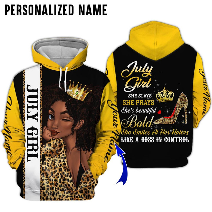 Personalized Name Birthday Outfit July Girl Leopard Skin Black Women Yellow All Over Printed Birthday Shirt