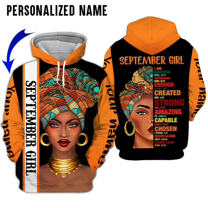 Personalized Name Birthday Outfit September Girl Black Woman Orange All Over Printed Birthday Shirt