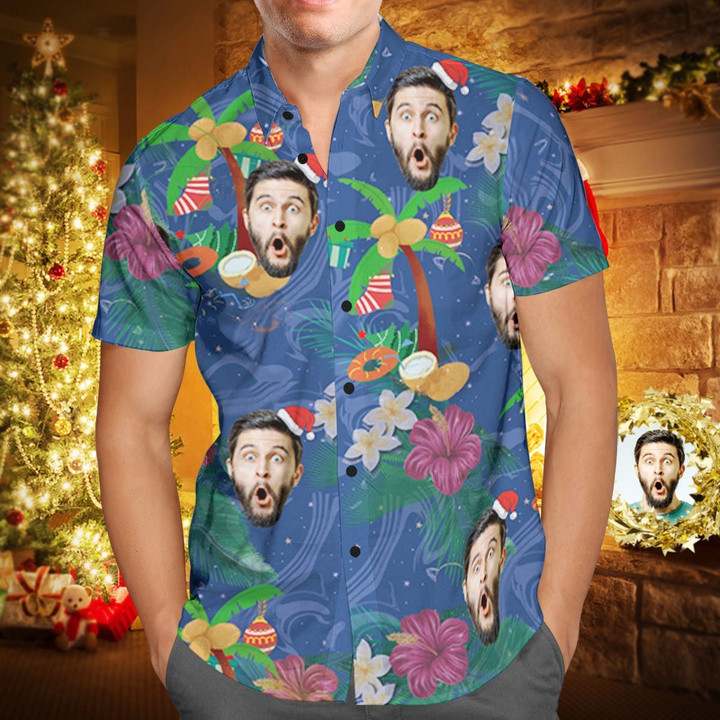 Custom Face Personalized Christmas Hawaiian Shirt Coconut Tree - 1
