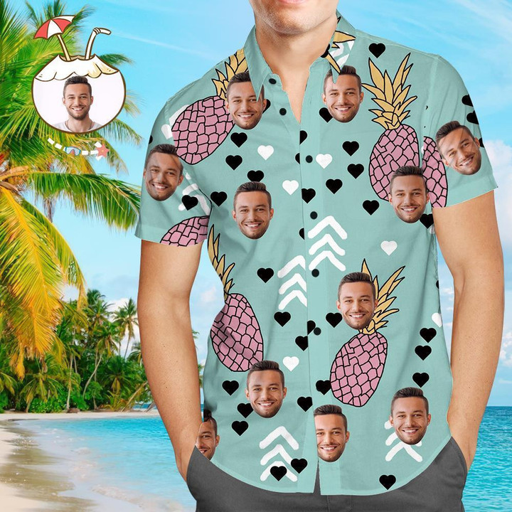 Custom Face Shirt Personalized Photo Mens Hawaiian Shirt Mens Hawaiian Shirt Pineapple and Heart - 1